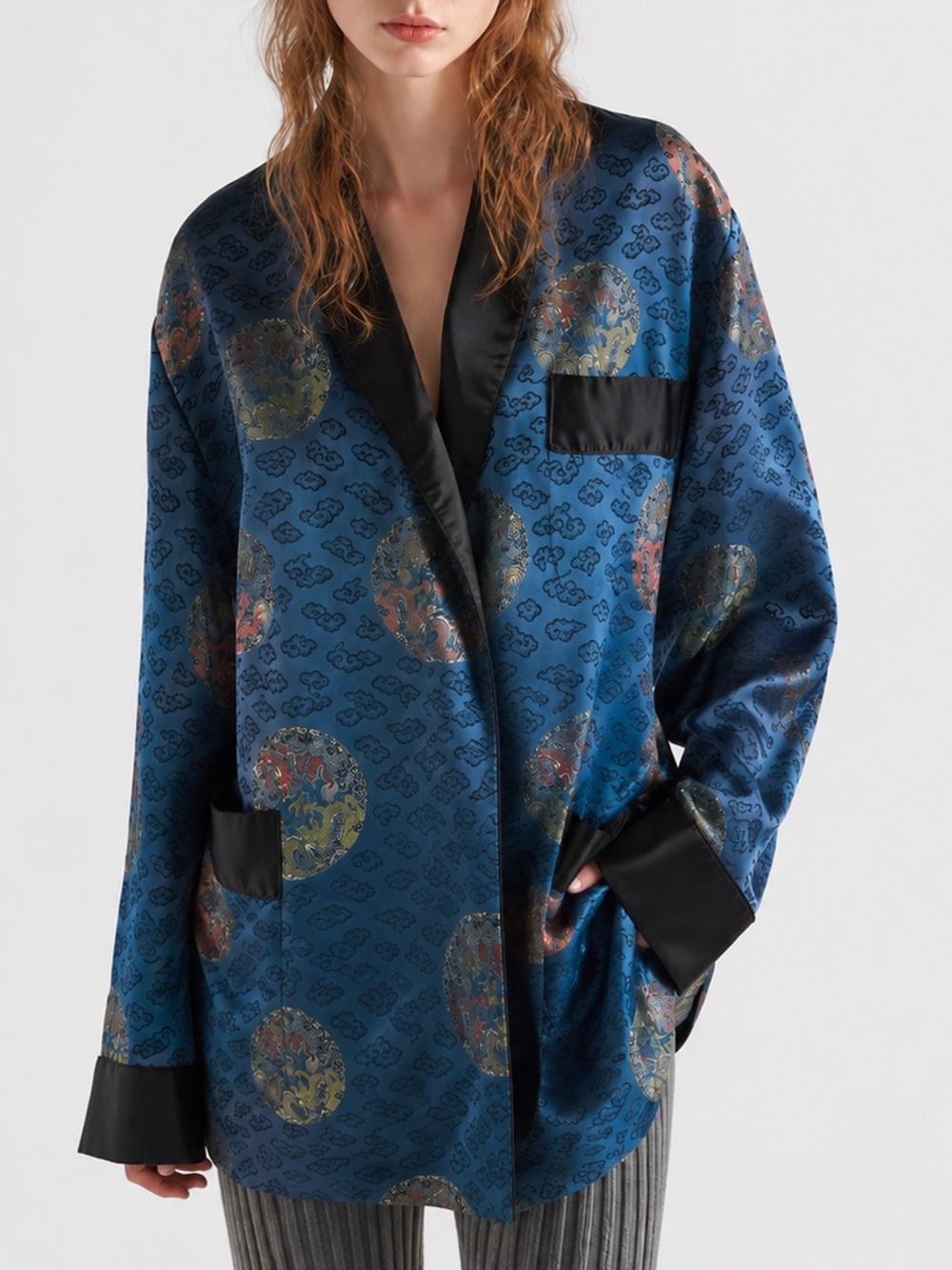 Oriental Dragon Embroidery Rayon Satin Smoking Jacket Robe Brocade Asian XL